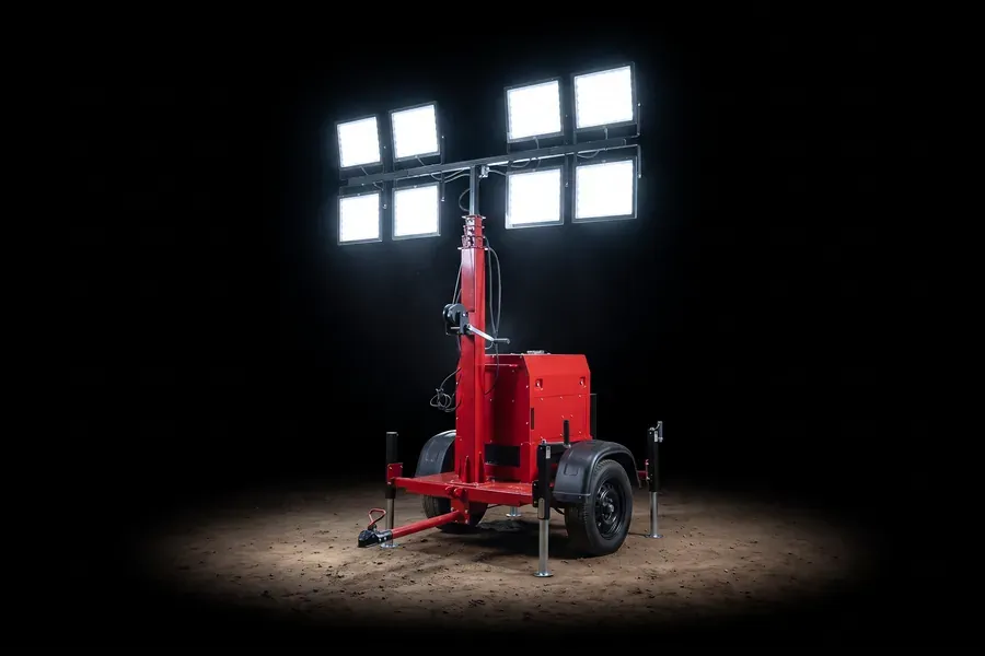 Torre de iluminação RV 4800 a diesel com mastro estendido e refletores acesos
